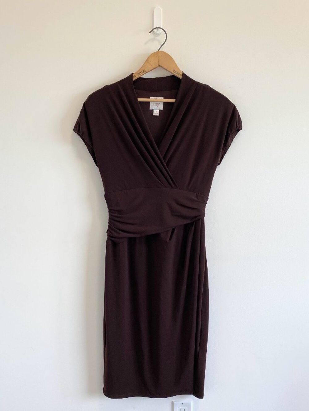 Vintage Chocolate Brown Ruched Cap Sleeve Wrap Dress / Y2K